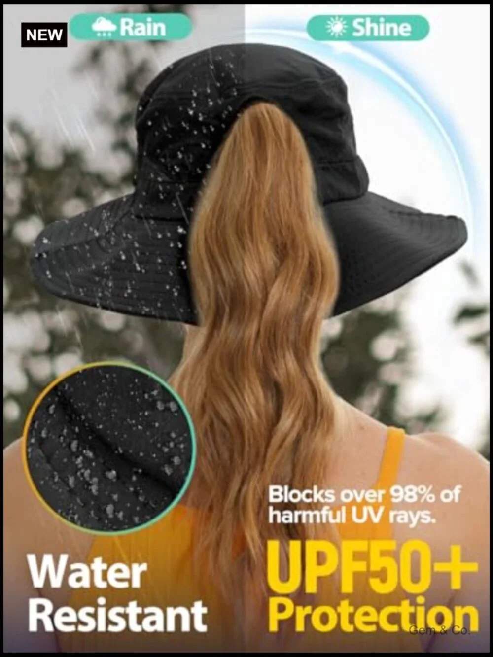 Bucket Hat with Ponytail Hole UPF 50+ Waterproof Fishing Safari Hiking Hat